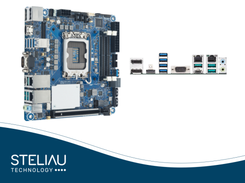 Product image Mini-ITX motherboard for industrial computing and industrial electronics, ideal as an edge computer with Intel Core Ultra, DDR5, PCIe 5.0, 4K and dual LAN.