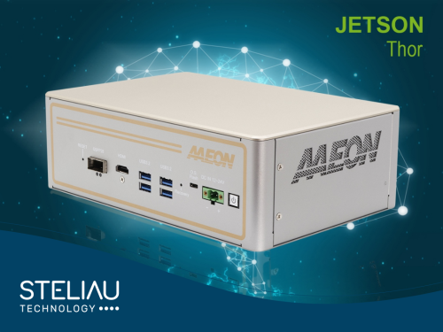 AI@Edge fanless Box PC with NVIDIA® Jetson Thor™, 25GbE, 5GbE LAN, CAN FD, M.2 for 5G/Wi-Fi/SSD, and MIL-STD-810H rugged reliability.