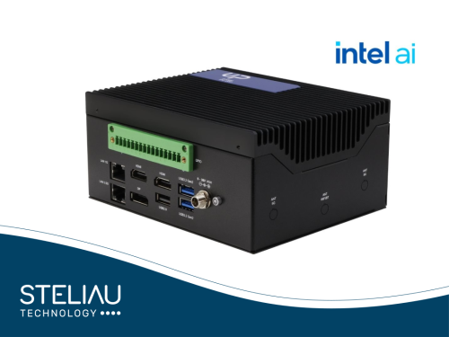 Compact industrial AI mini PC with Intel® Core™ Ultra, up to 64GB LPDDR5, 4 displays, multiple M.2 slots, TPM 2.0, and wide 9–36V power input.